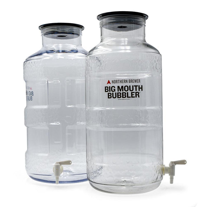 Siphonless Big Mouth Bubbler® - Ported 6.5 Gallon Plastic Fermentor pair side and front view