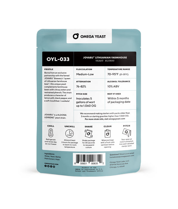 Omega Yeast Jovaru™ Lithuanian Farmhouse Liquid Yeast - Back Side