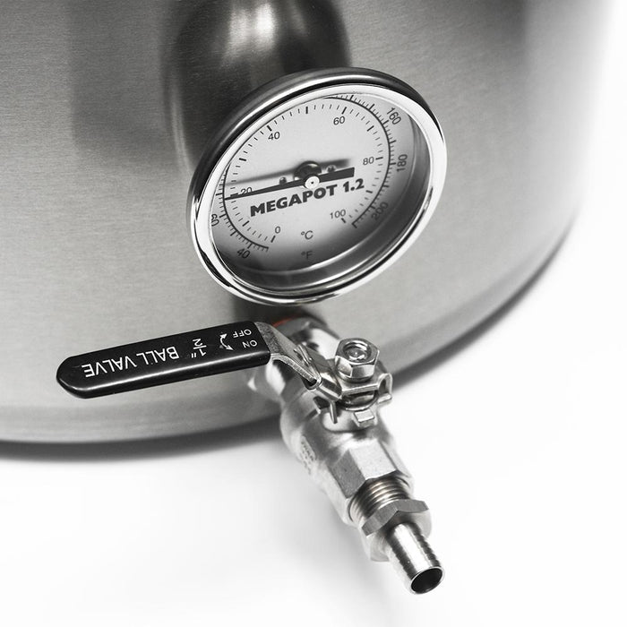 10 Gal. MegaPot 1.2™ Brew Kettle Thermometer close up